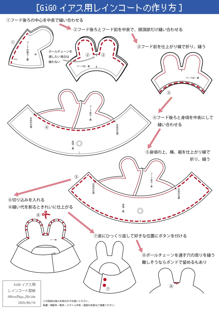 GiGOボンプぬいぐるみ イアス用レインコートの型紙