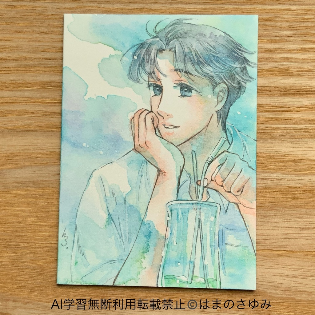 水彩原画|ATC（ミニ原画）「海と空をながめて」