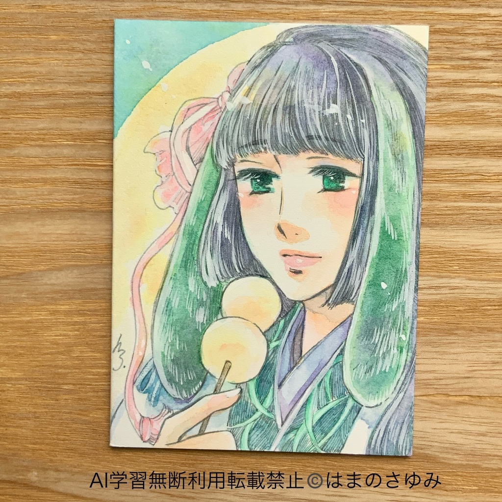水彩原画|ATC（ミニ原画）「相棒のリボン〜桃〜」