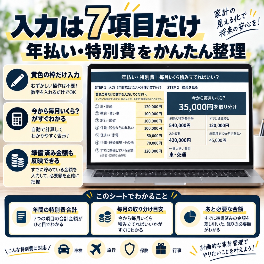 年払い・特別費|毎月いくら積み立てればいい?【かんたんExcel】