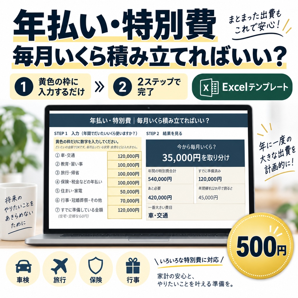 年払い・特別費｜毎月いくら積み立てればいい？【かんたんExcel】