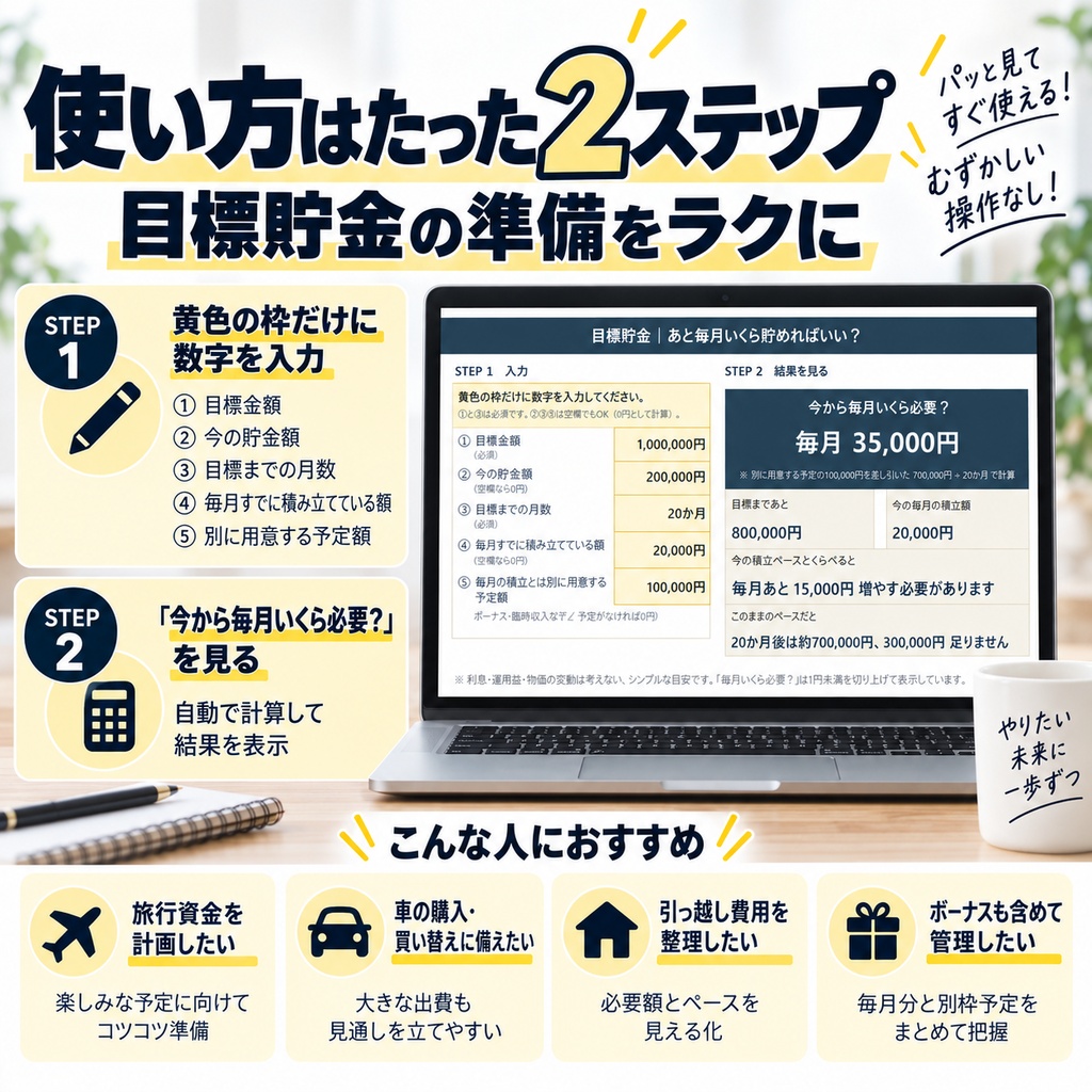 目標貯金|あと毎月いくら貯めればいい?【かんたんExcel】