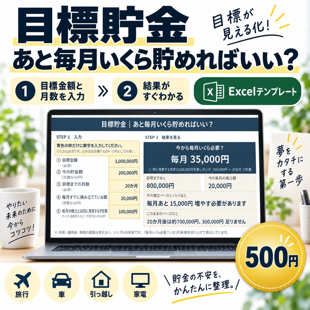 目標貯金｜あと毎月いくら貯めればいい？【かんたんExcel】