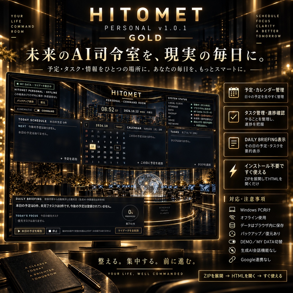 HITOMET PERSONAL v1.0.1|黒×ゴールドの近未来司令室・予定&タスク管理【Windows PC用】