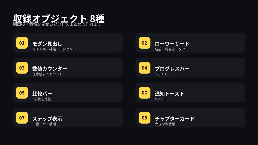 【AviUtl2】モダンUIモーションパック|見出し・テロップ・数値・進捗表示 8種
