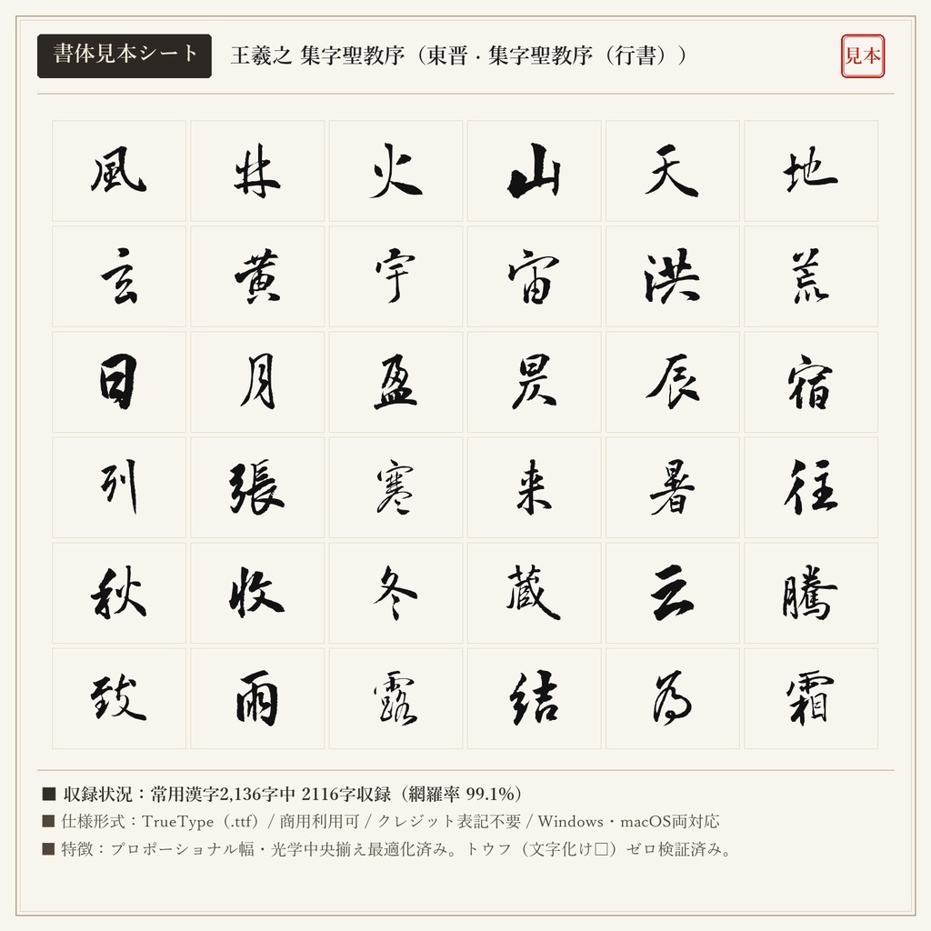 【単品版】王羲之 集字聖教序 行書フォント|千古の書聖・神妙流麗の極致・商用利用可