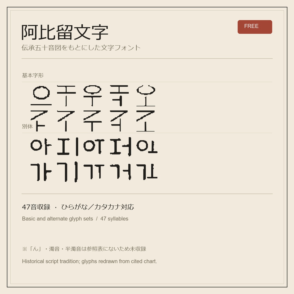 阿比留文字フォント|基本字形・別体【無料】