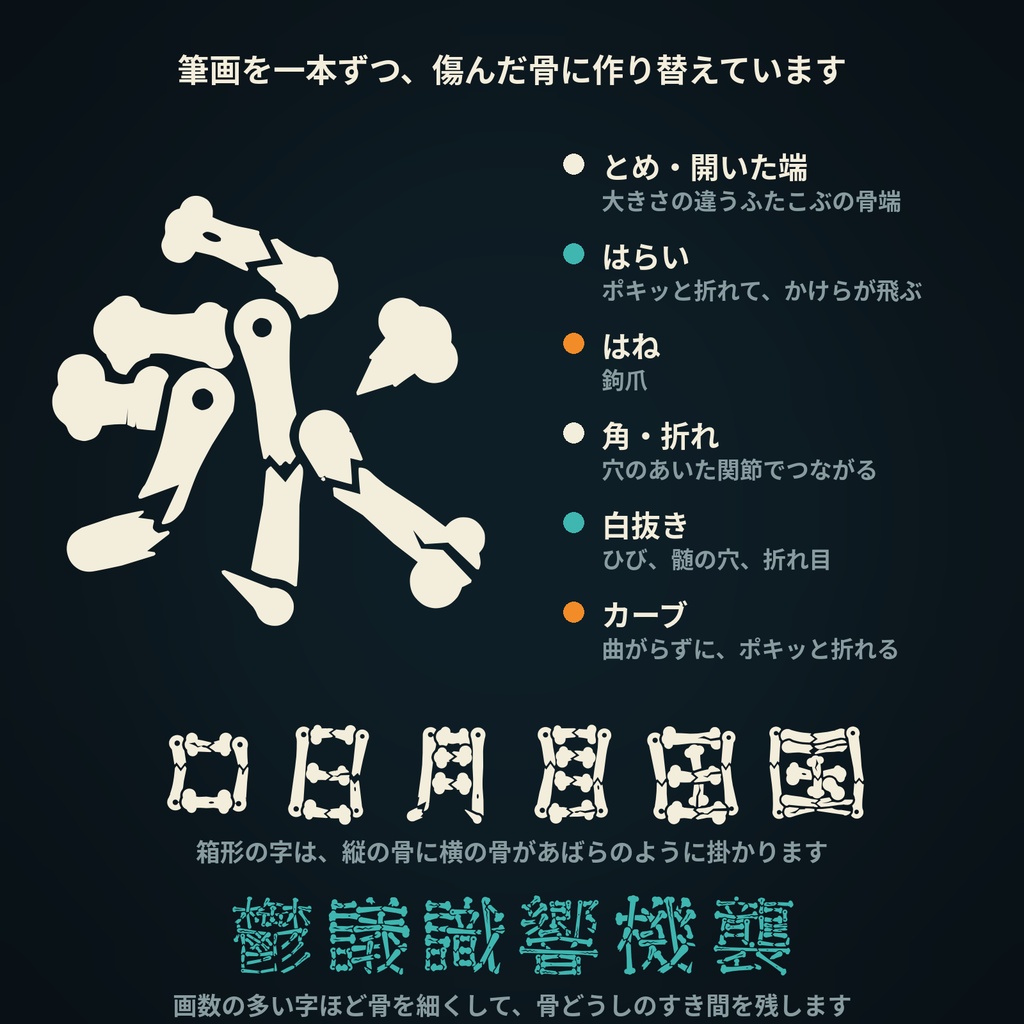 【無料版あり】骨組文字|一画一画が骨になる日本語フォント・3書体(常用漢字収録)