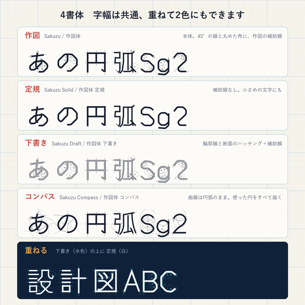 【無料】作図体 無料版｜定規とコンパスだけで作図した日本語フォント・4書体