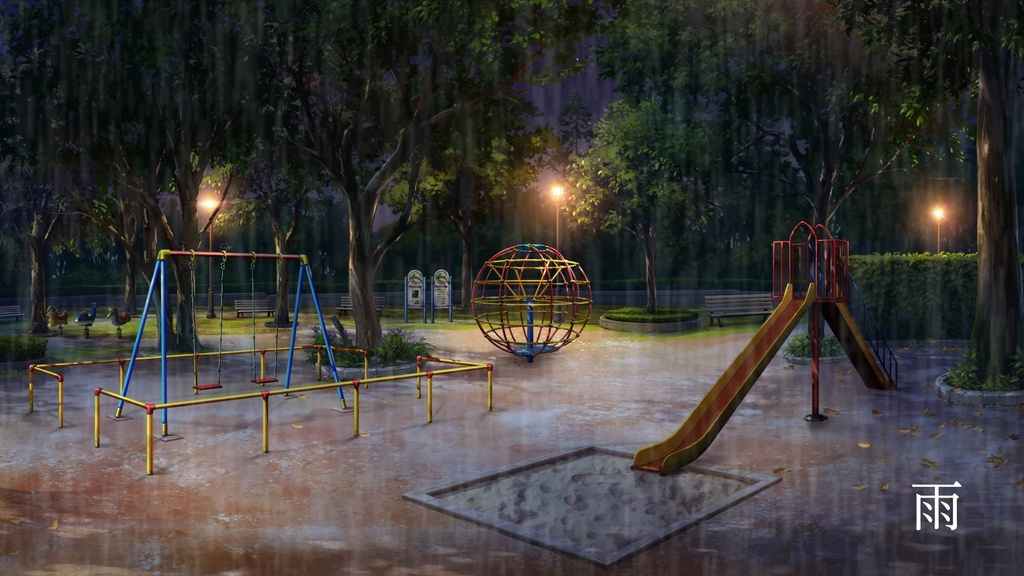 ココフォリア用動画素材「雨・黒い雨・落ち葉(枯葉)・光の球・緑の霧」