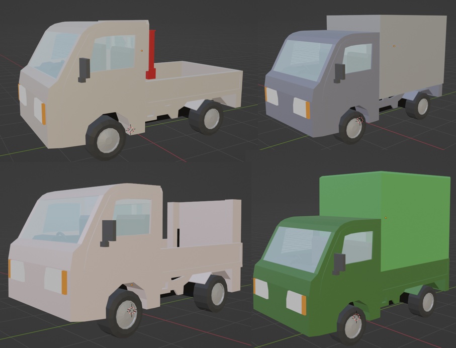 ローポリ　3Dモデル　軽トラックのクレーン車　パワーゲート車　保冷車　幌車