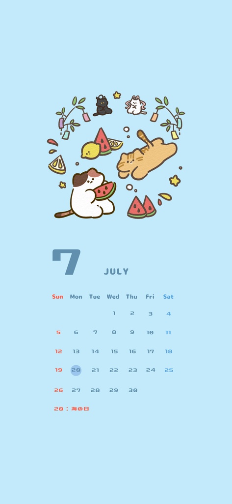 2026年7月￤もちりねこカレンダー