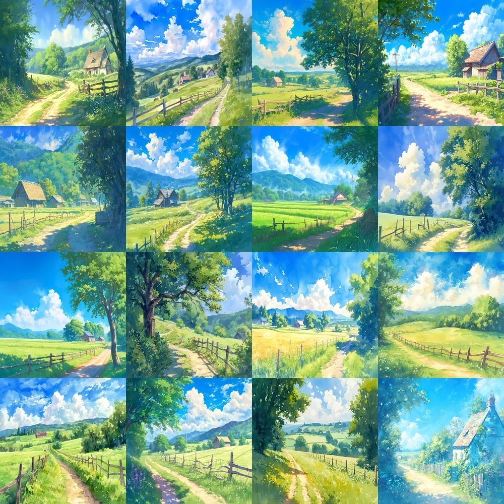 田舎の風景とバス停背景セット