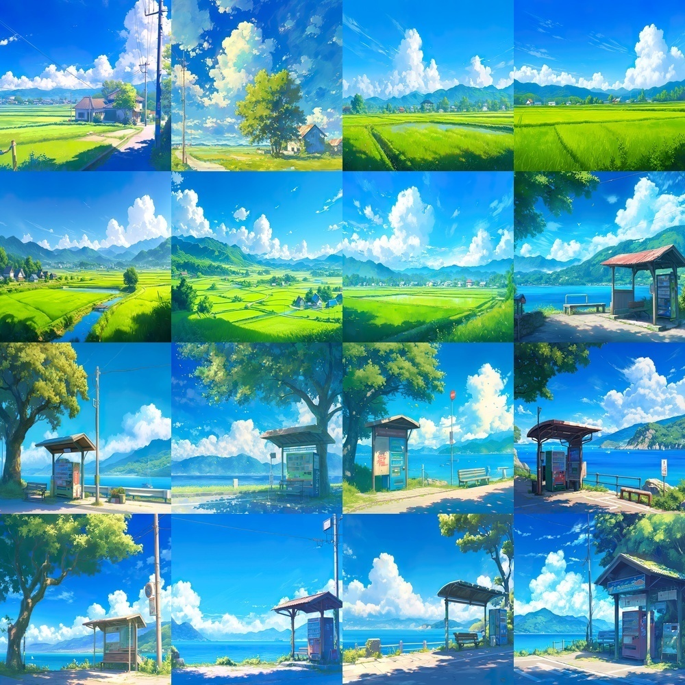 田舎の風景とバス停背景セット