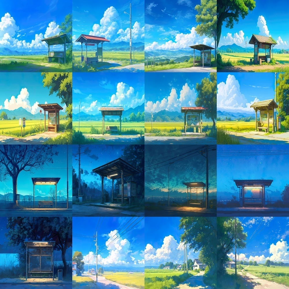 田舎の風景とバス停背景セット