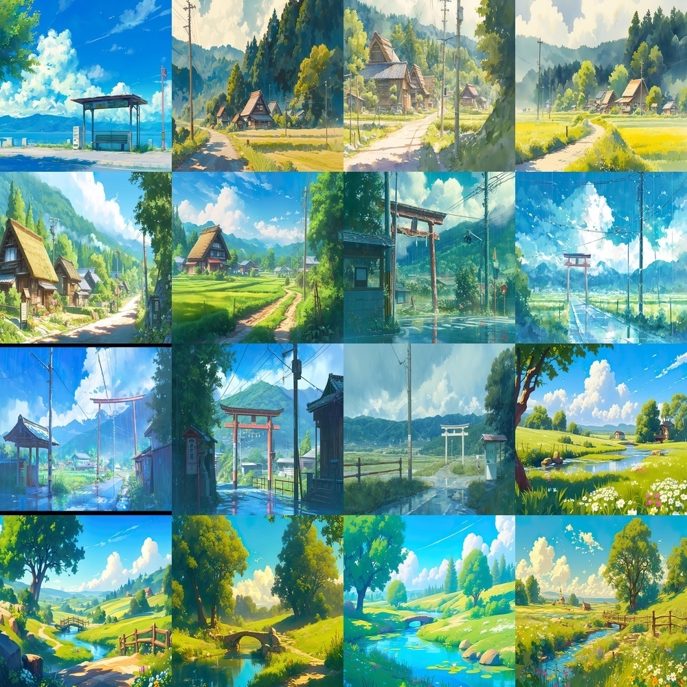 田舎の風景とバス停背景セット