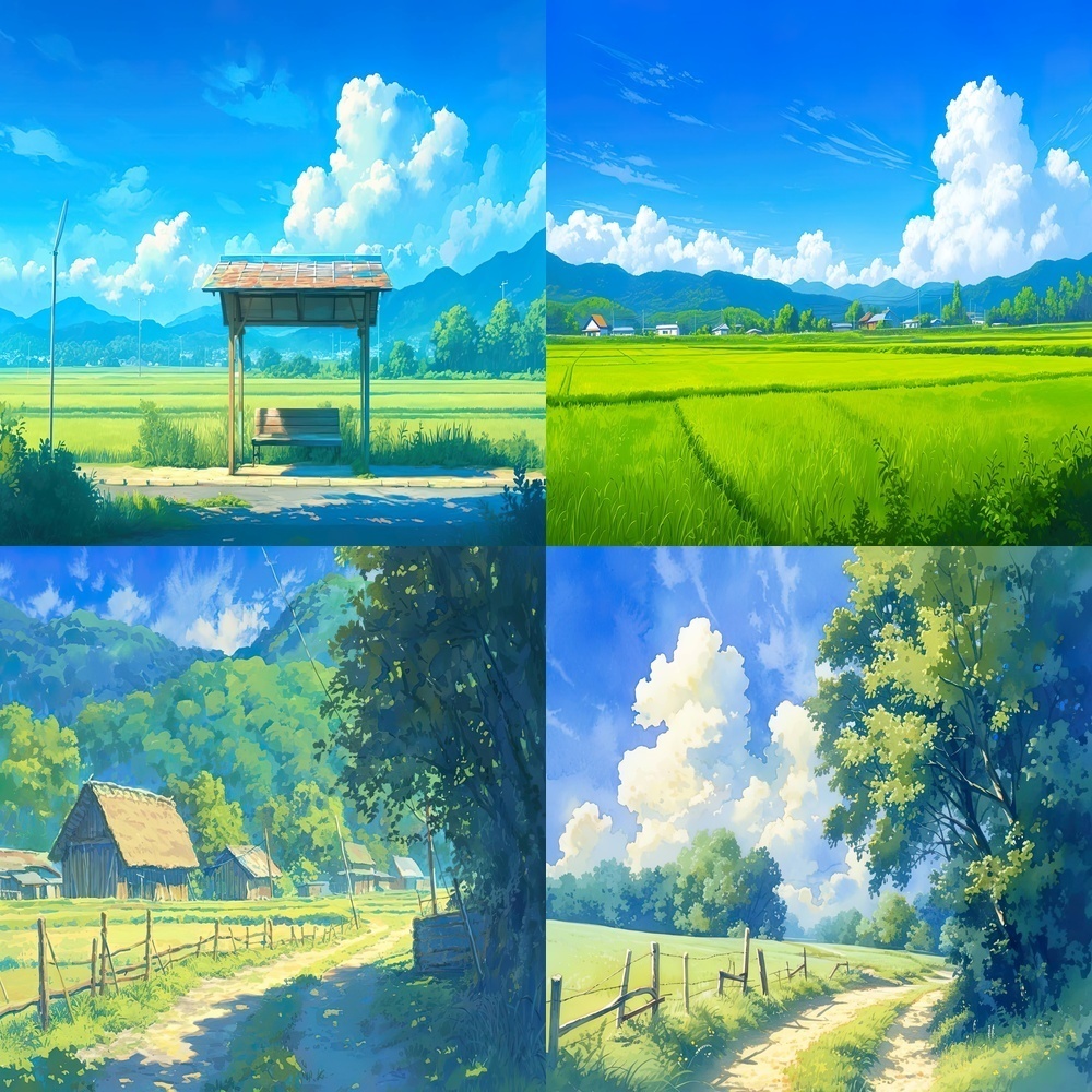 田舎の風景とバス停背景セット