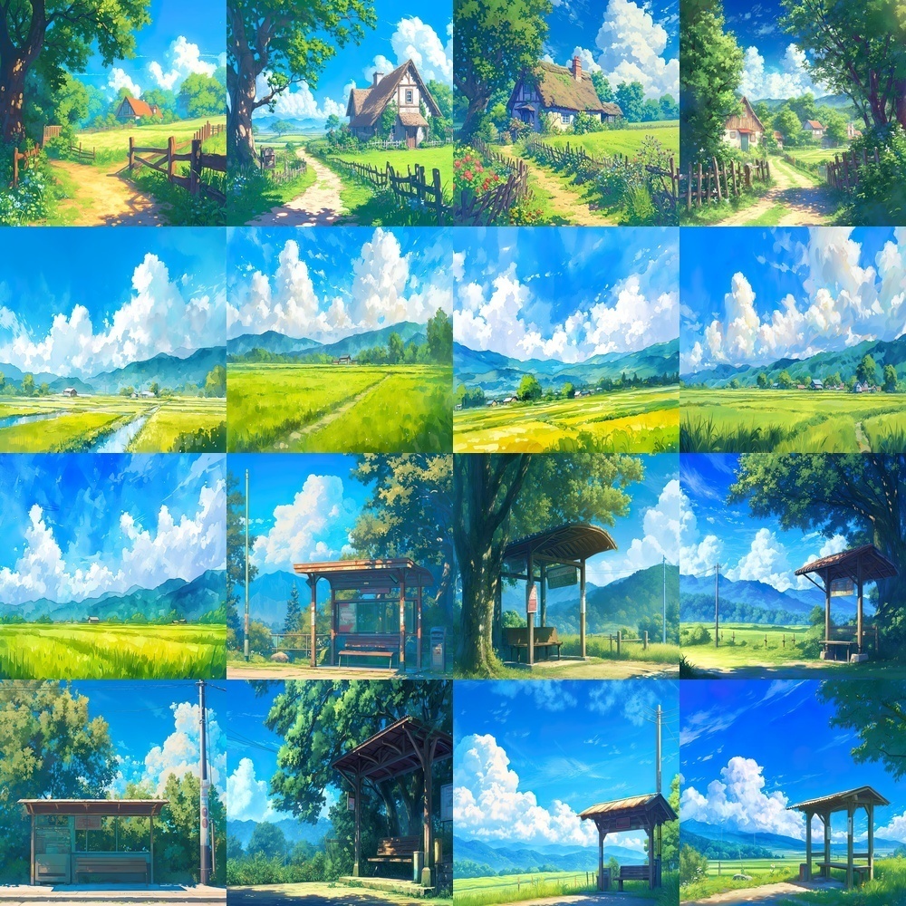 田舎の風景とバス停背景セット