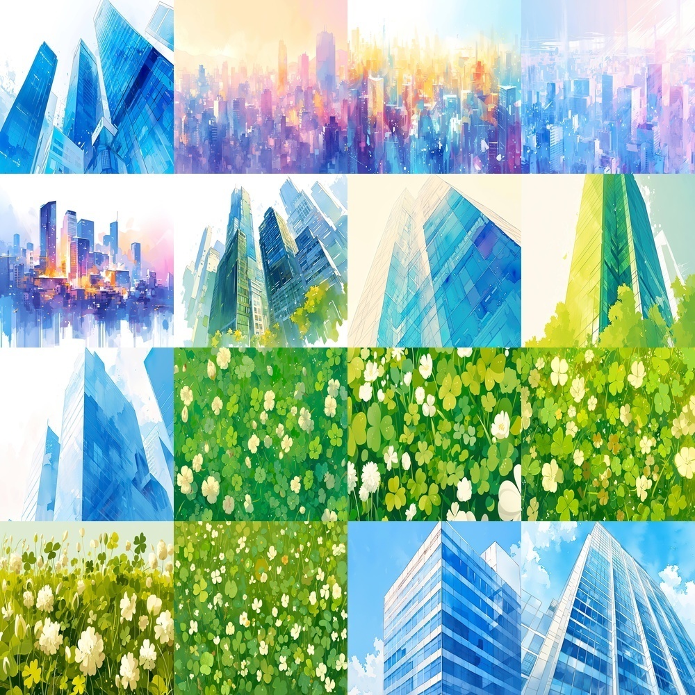 多彩なオフィスビルと自然風景セット