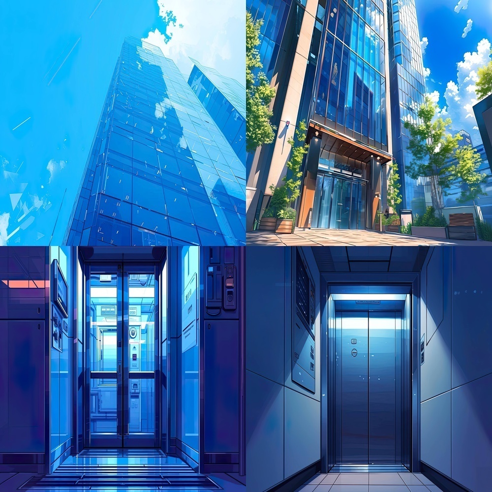 多彩なオフィスビルと自然風景セット