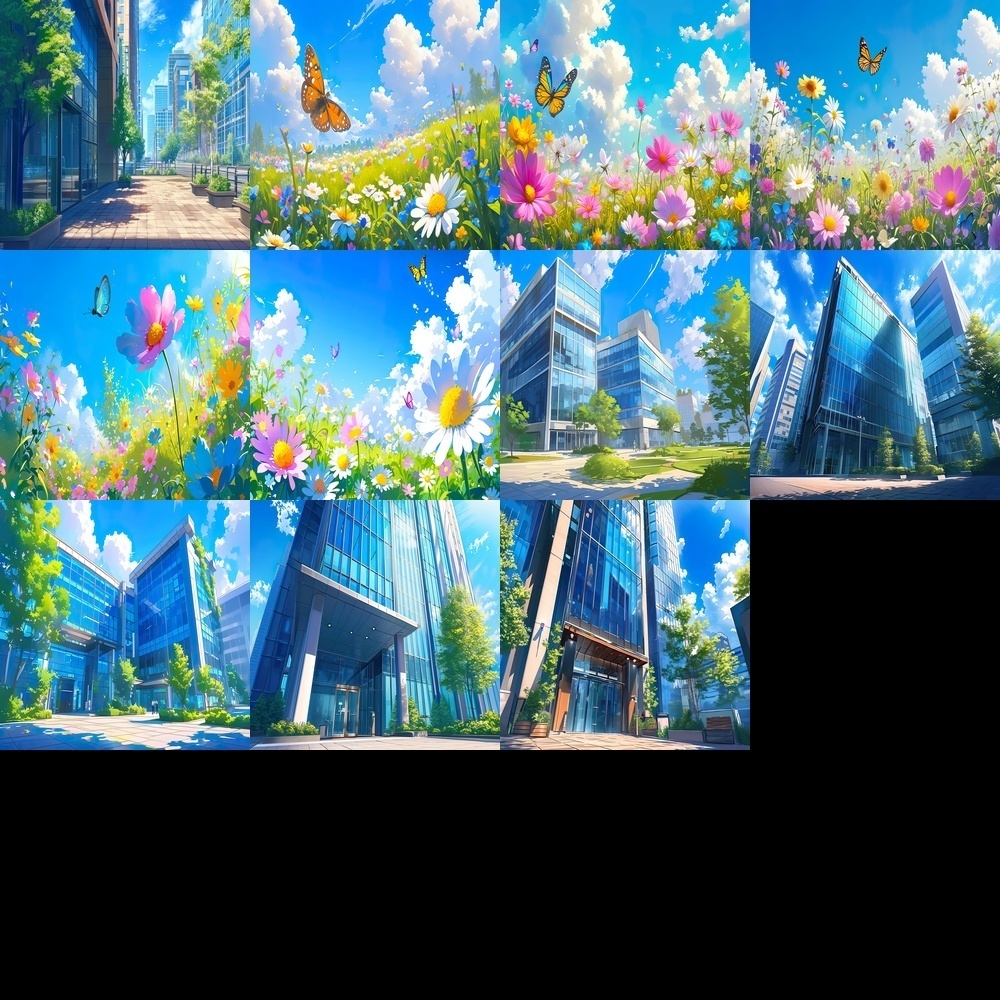 多彩なオフィスビルと自然風景セット