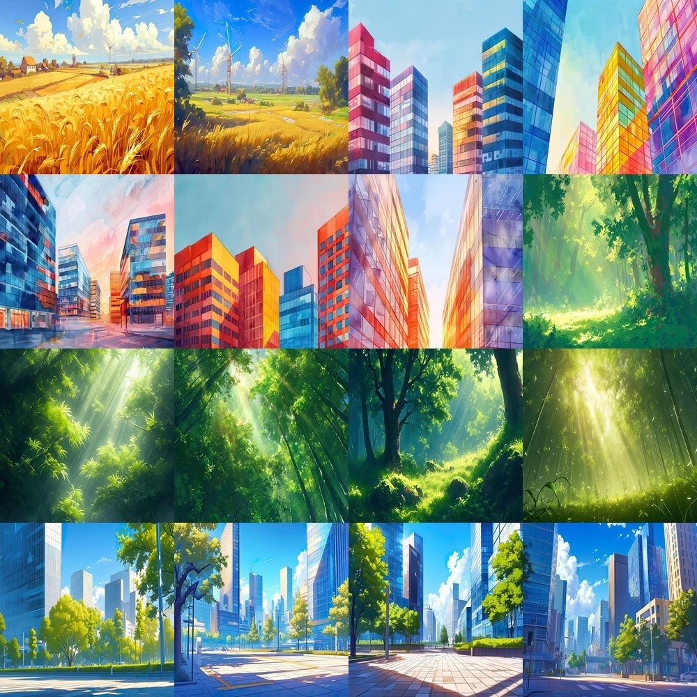 多彩なオフィスビルと自然風景セット