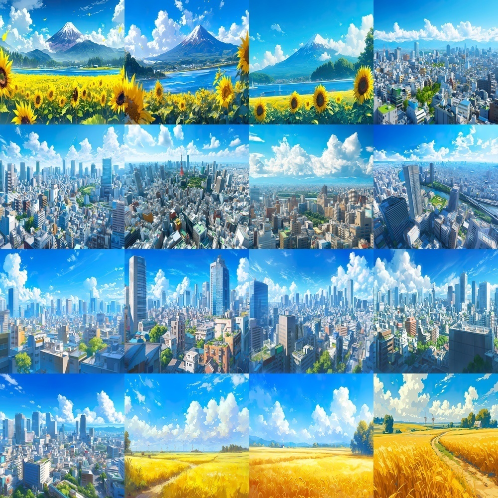 多彩なオフィスビルと自然風景セット