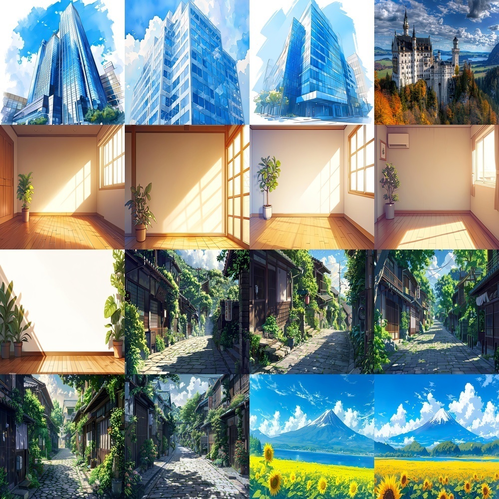 多彩なオフィスビルと自然風景セット