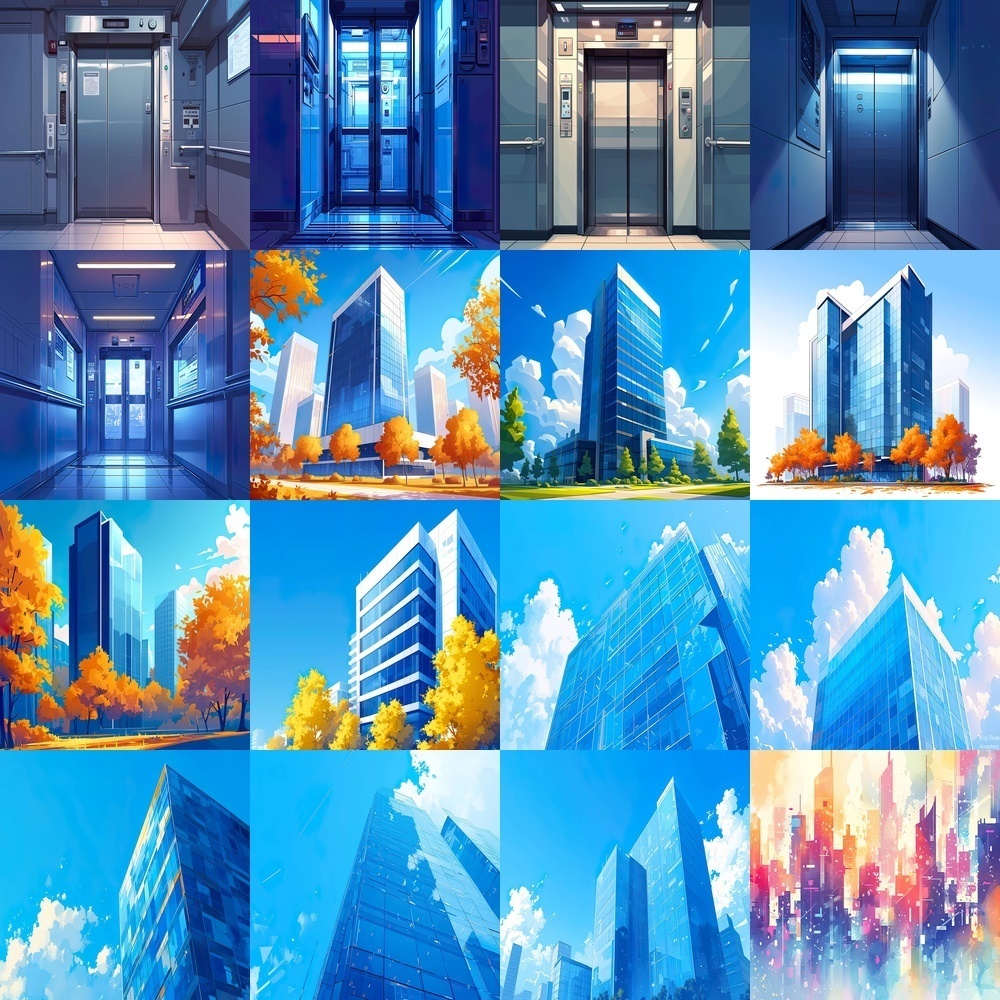 多彩なオフィスビルと自然風景セット