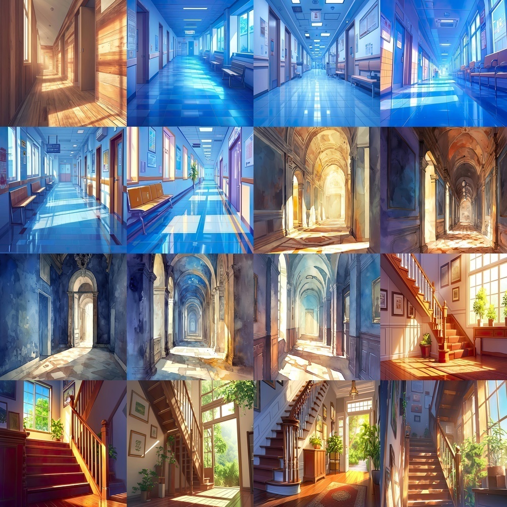 多彩な廊下と風景背景パック