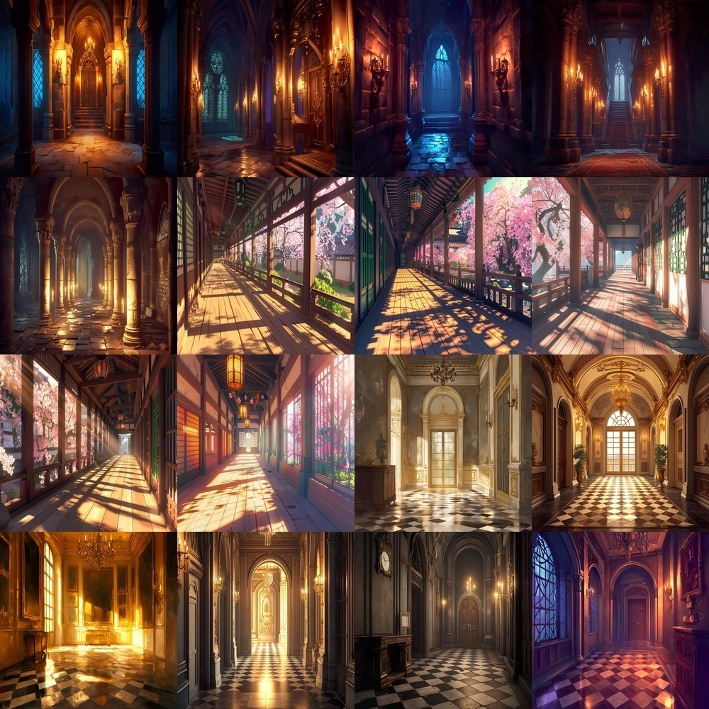 多彩な廊下と風景背景パック