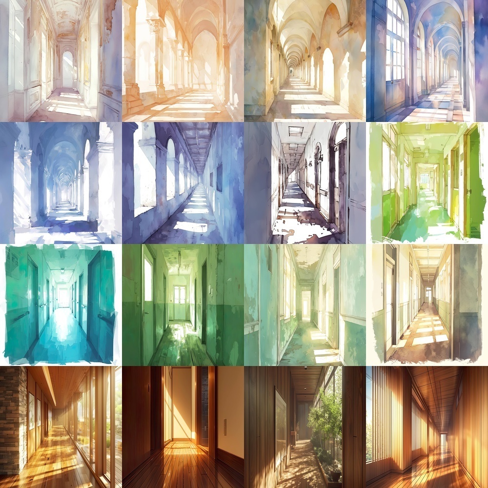 多彩な廊下と風景背景パック
