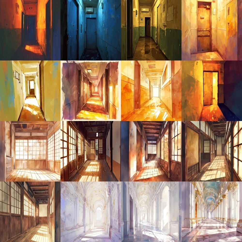 多彩な廊下と風景背景パック