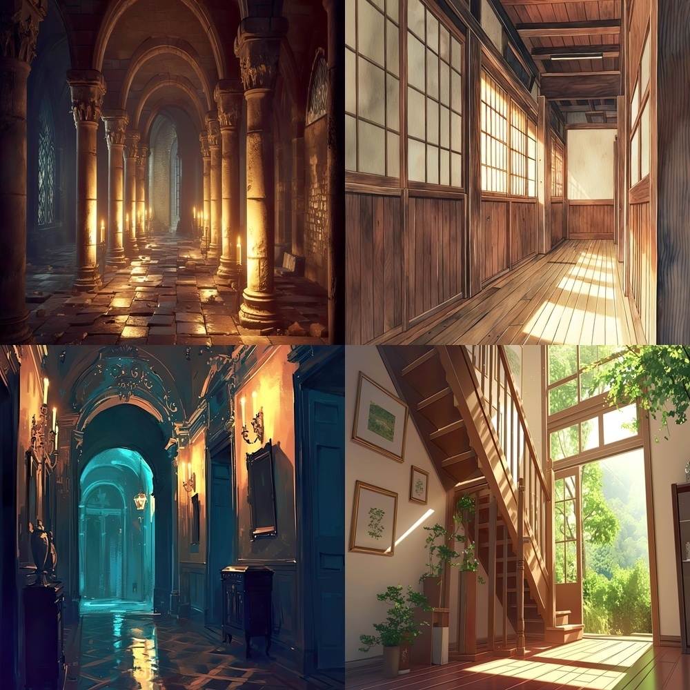 多彩な廊下と風景背景パック