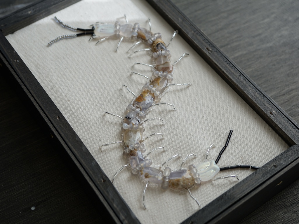 【年末セール10%引!5000▶︎4500円】再販無し一点物! 額入り昆虫ビーズ刺繍【ムカデ】 額サイズ(中)