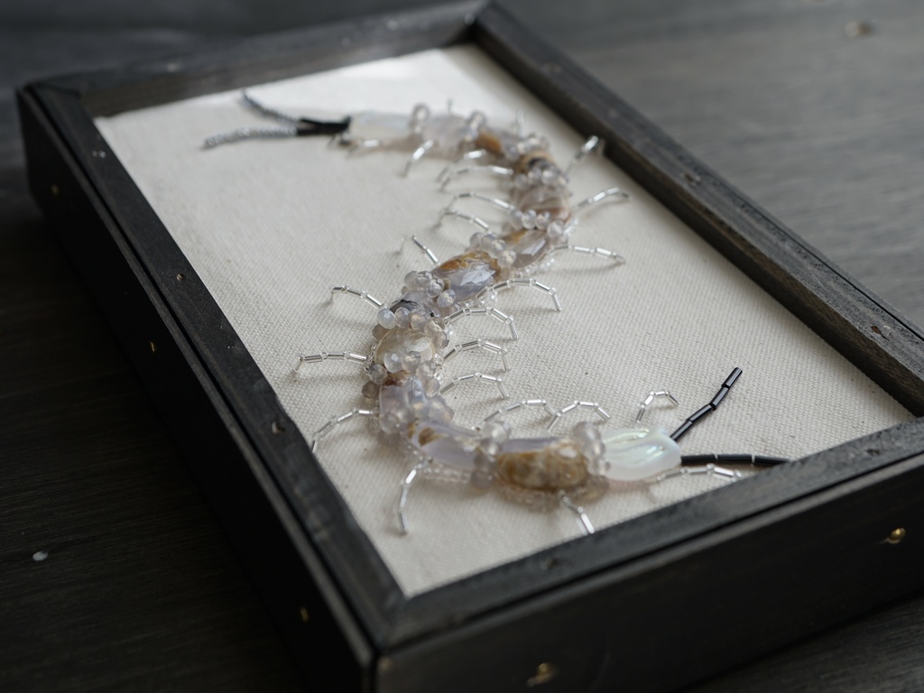 【年末セール10%引!5000▶︎4500円】再販無し一点物! 額入り昆虫ビーズ刺繍【ムカデ】 額サイズ(中)