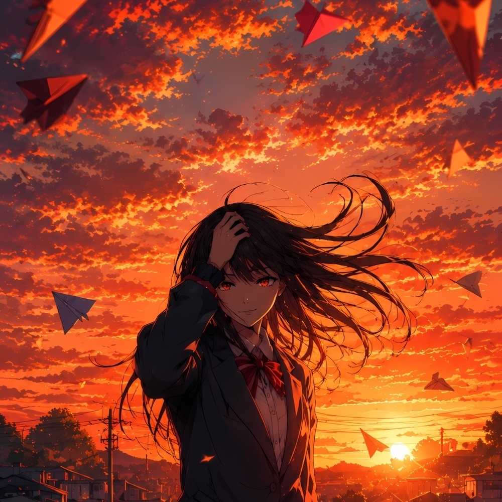 夕焼けと紙飛行機と少女 背景素材パック