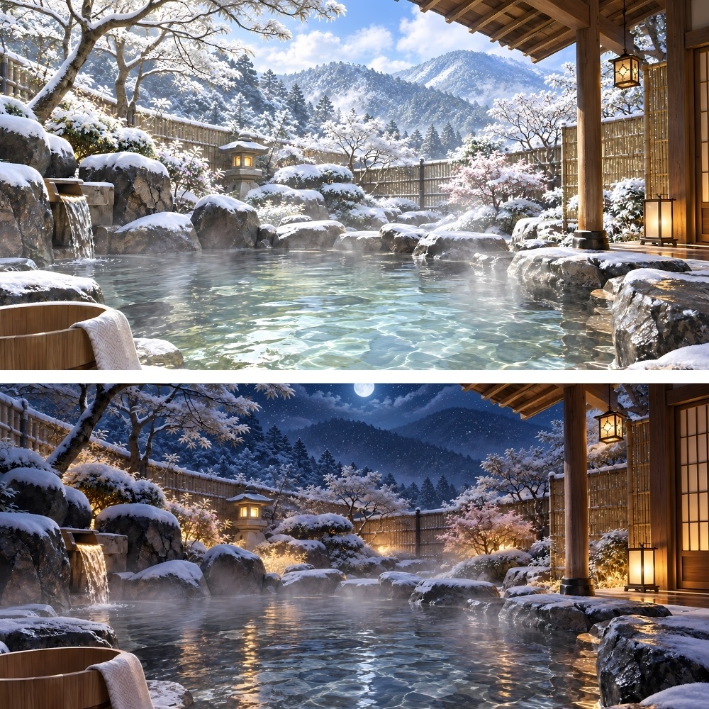 秘境旅館の露天風呂背景素材セット
