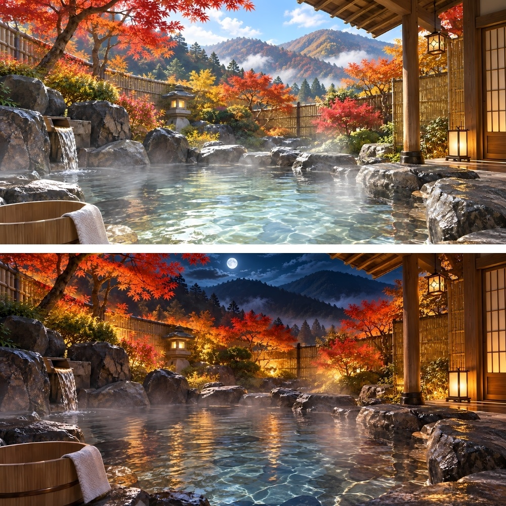 秘境旅館の露天風呂背景素材セット