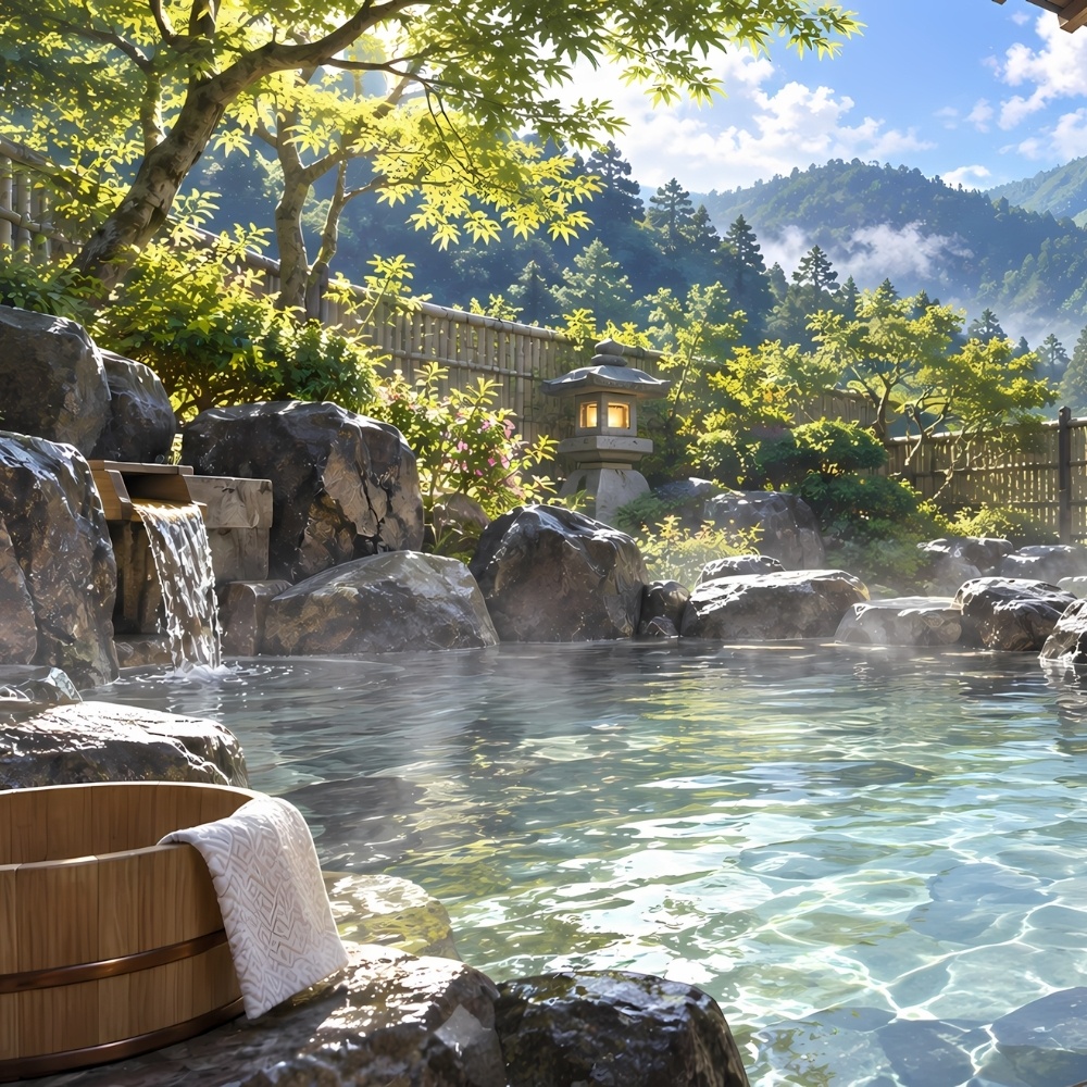 秘境旅館の露天風呂背景素材セット
