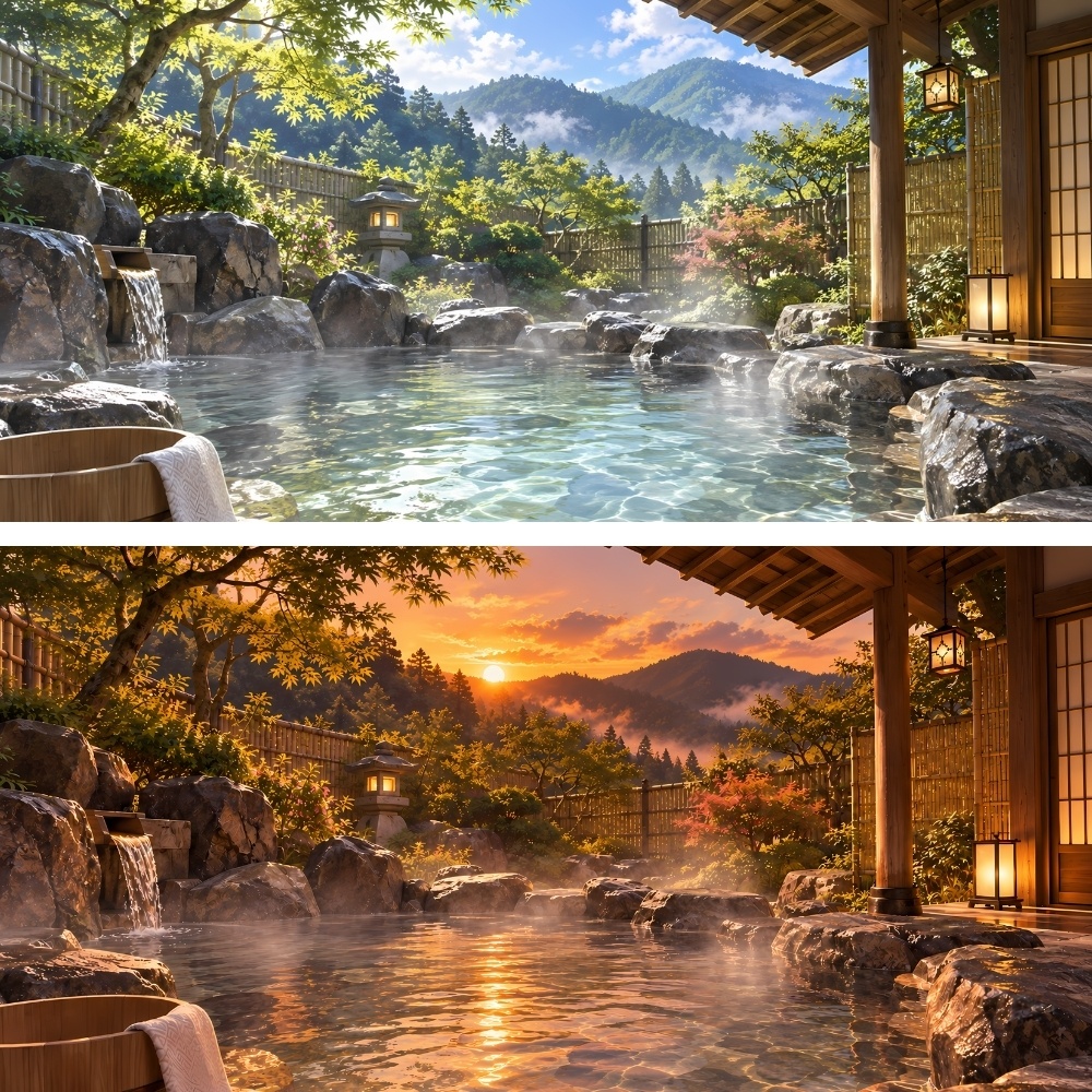 秘境旅館の露天風呂背景素材セット