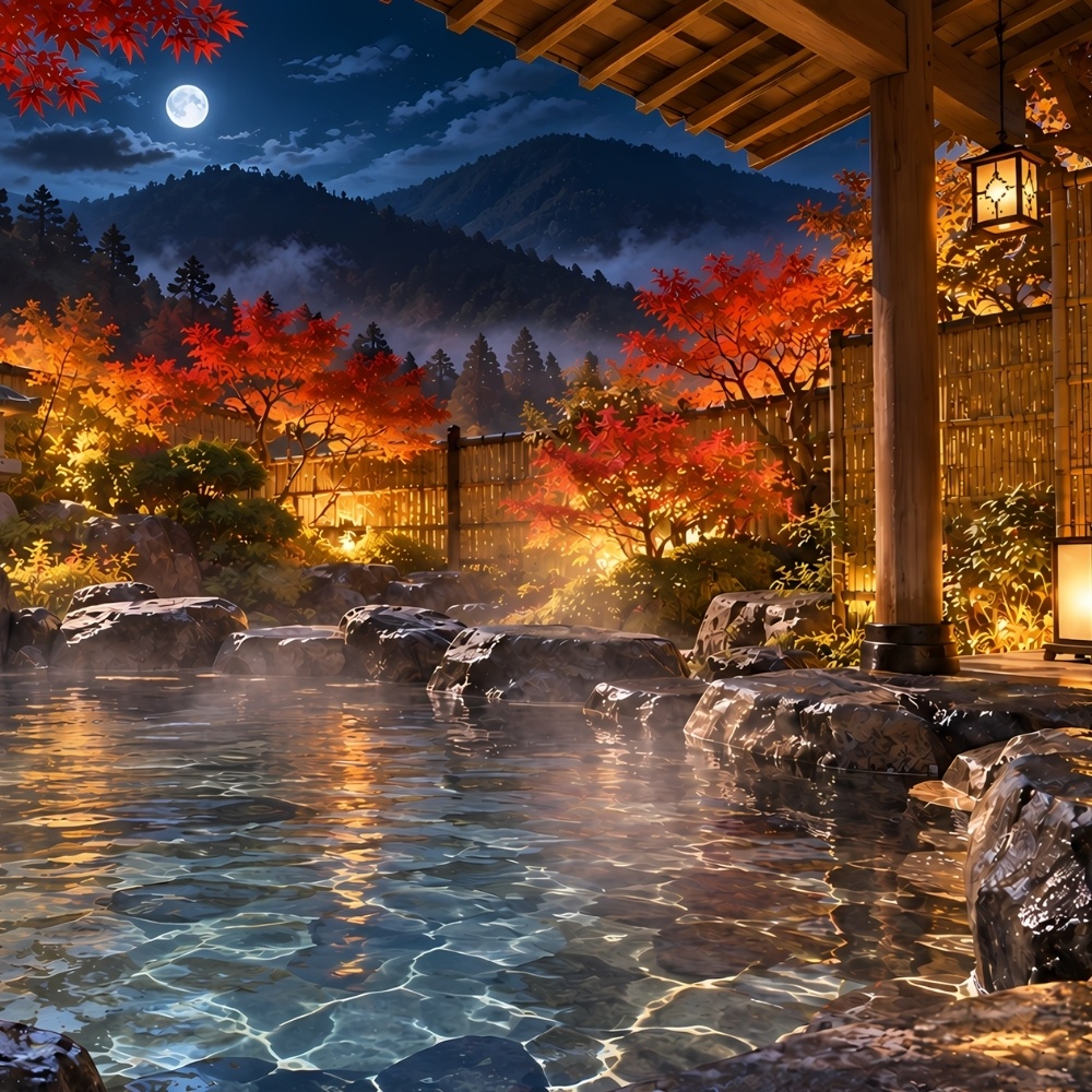 秘境旅館の露天風呂背景素材セット
