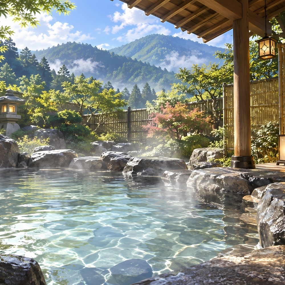 秘境旅館の露天風呂背景素材セット