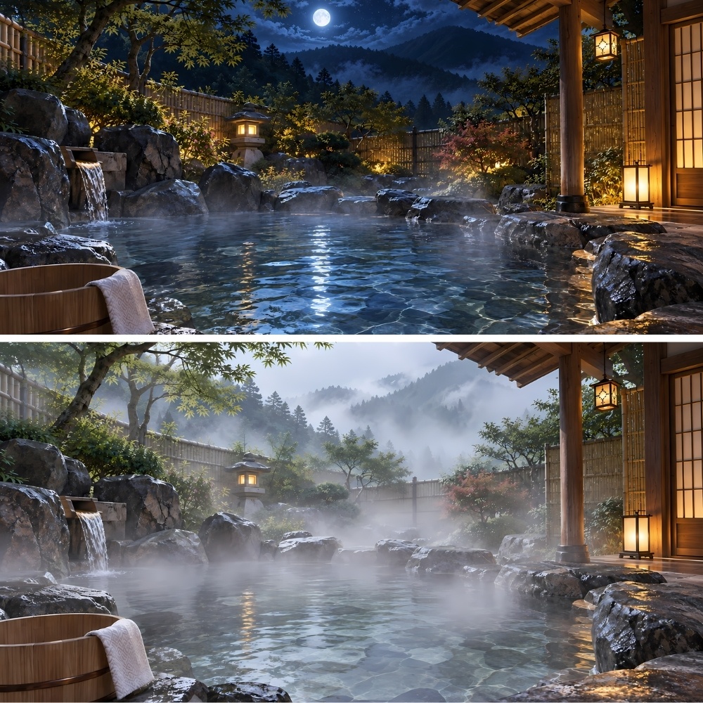 秘境旅館の露天風呂背景素材セット