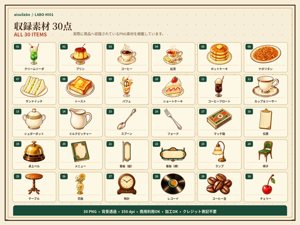 レトロ喫茶イラスト素材30点|背景透過PNG・商用利用OK|RETRO CAFE COLLECTION