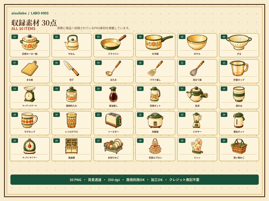レトロキッチンイラスト素材30点|背景透過PNG・商用利用OK|RETRO KITCHEN COLLECTION