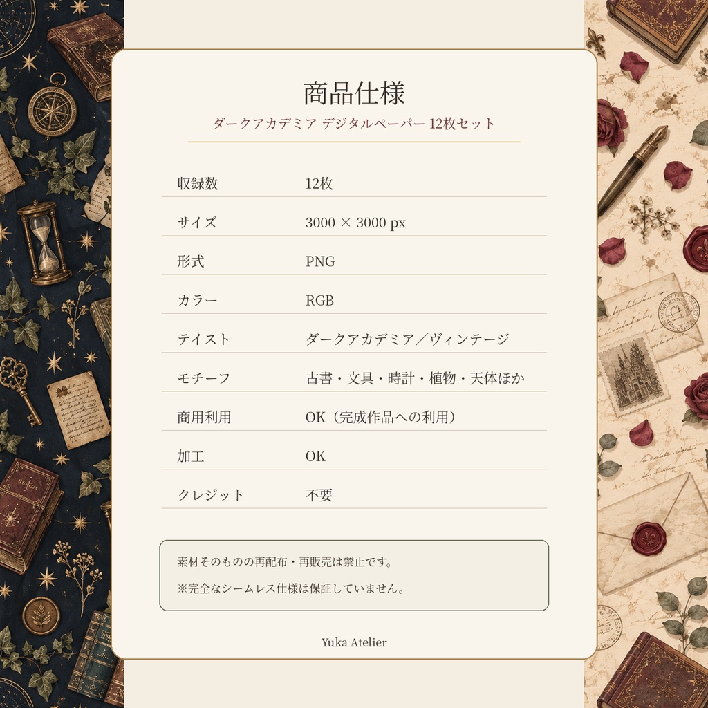 ダークアカデミア デジタルペーパー 12枚セット|古書・手紙・時計・植物標本・天体・ヴィンテージ文具|3000×3000px PNG