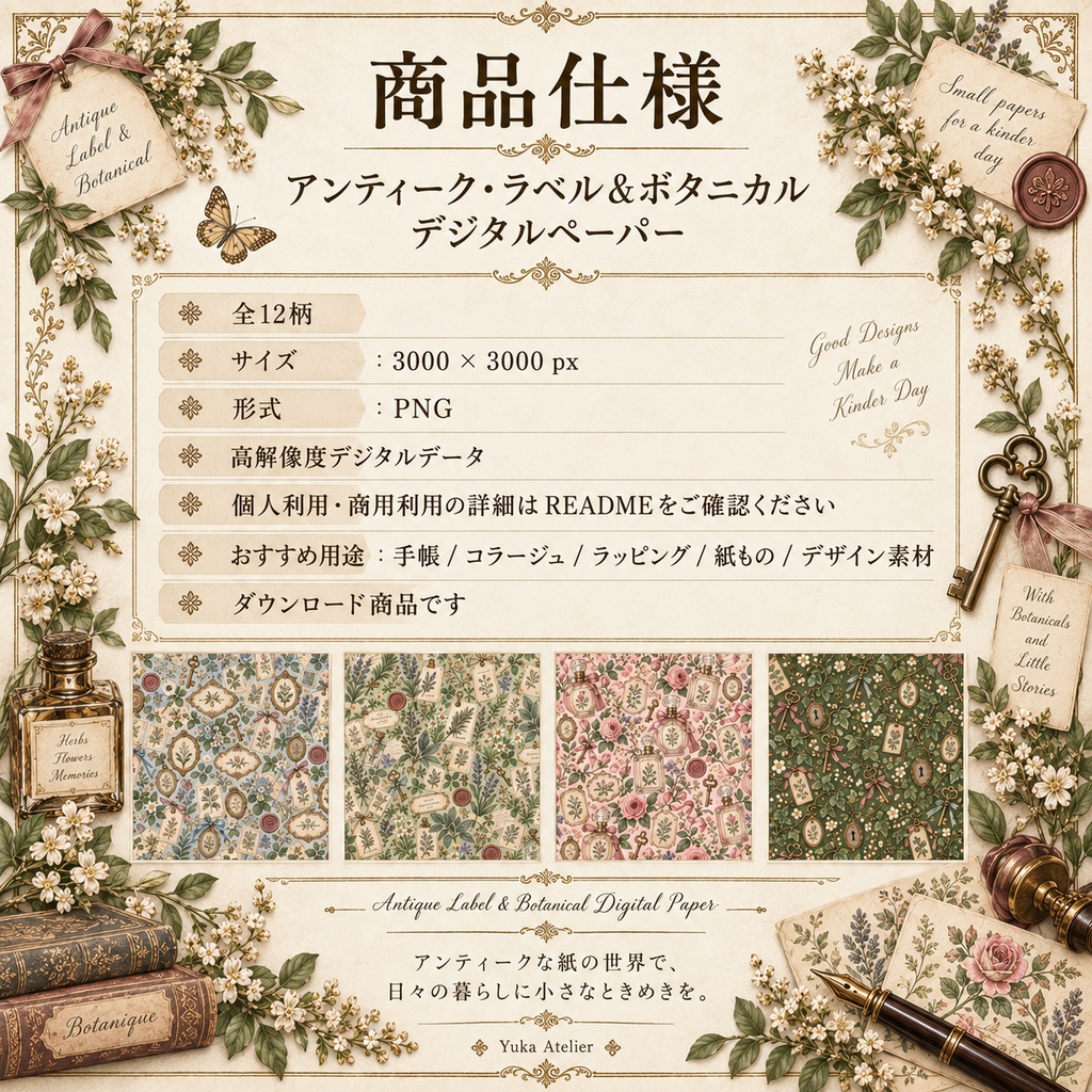 アンティーク・ラベル&ボタニカル デジタルペーパー 12枚セット|植物標本・薬草・鍵・香水・古書・手紙|3000×3000px PNG