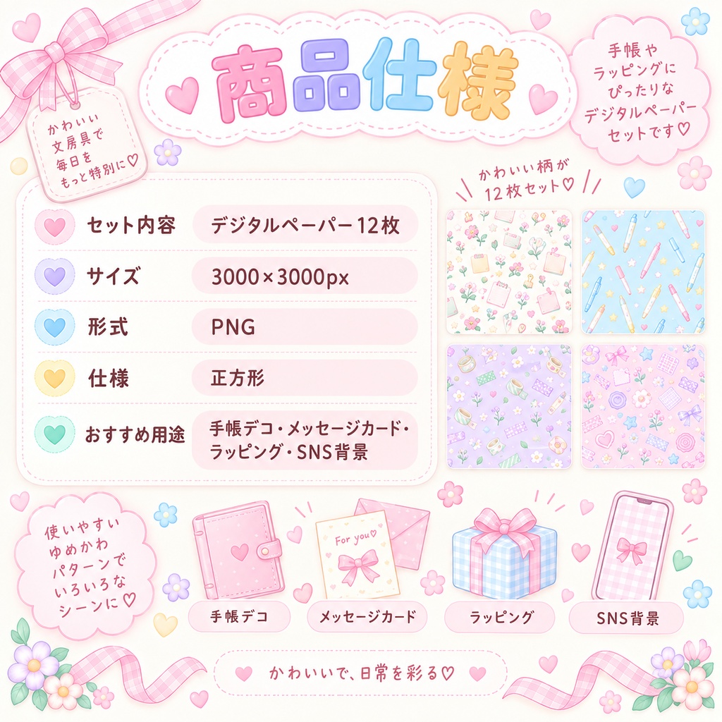 Kawaiiパステル文房具 デジタルペーパー 12枚セット|手帳・コラージュ・背景素材|3000×3000px PNG