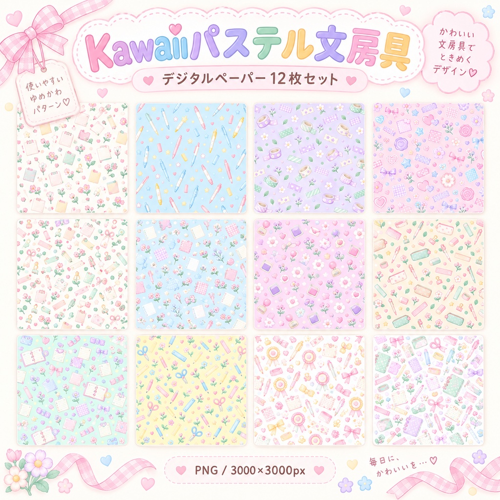 Kawaiiパステル文房具 デジタルペーパー 12枚セット｜手帳・コラージュ・背景素材｜3000×3000px PNG